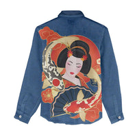 Japanese Geisha Koi Fish Women Casual Shirt Cherry Blossoms Blue Seigaiha Pattern - Wonder Print Shop