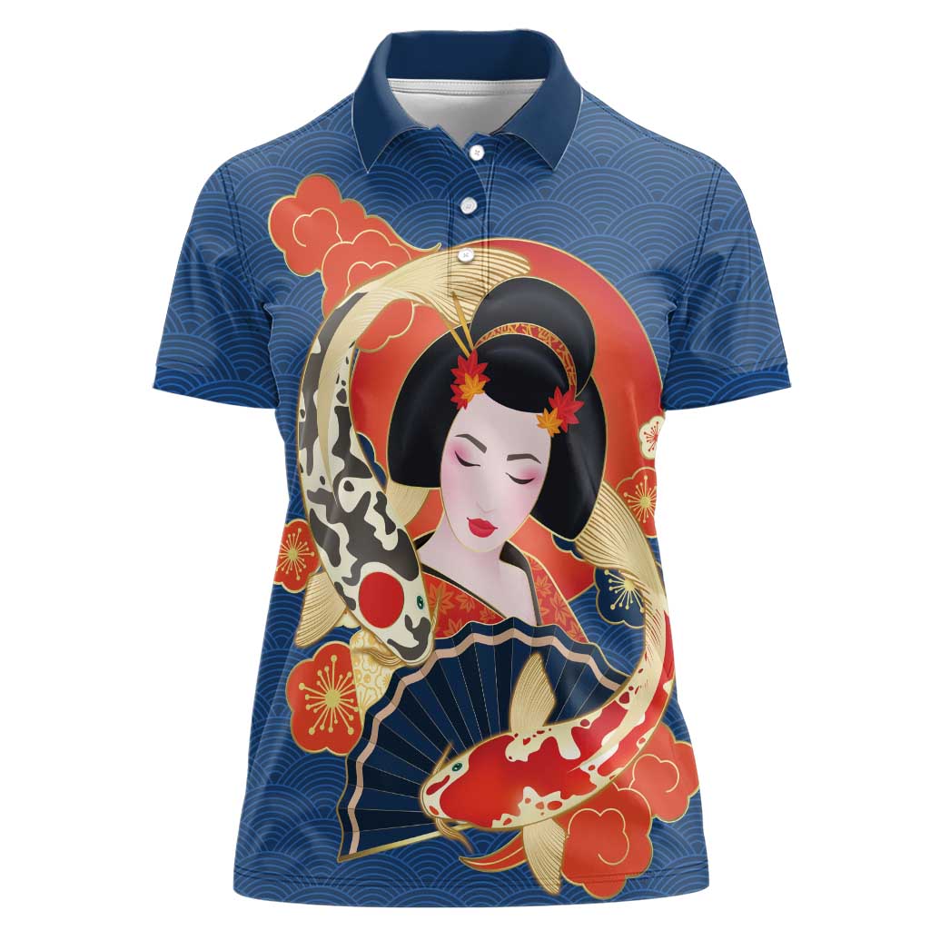 Japanese Geisha Koi Fish Women Polo Shirt Cherry Blossoms Blue Seigaiha Pattern - Wonder Print Shop