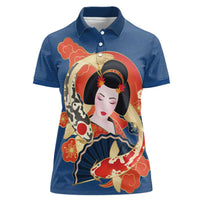 Japanese Geisha Koi Fish Women Polo Shirt Cherry Blossoms Blue Seigaiha Pattern - Wonder Print Shop