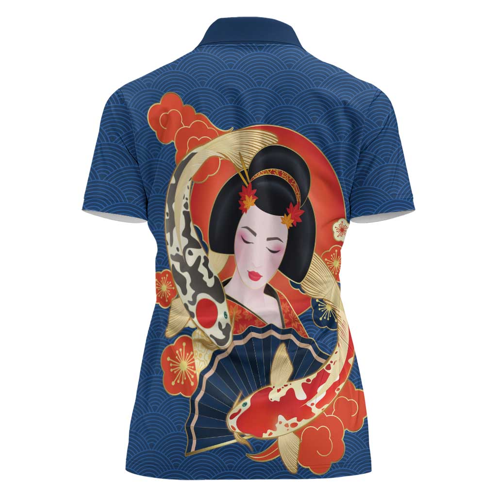 Japanese Geisha Koi Fish Women Polo Shirt Cherry Blossoms Blue Seigaiha Pattern - Wonder Print Shop