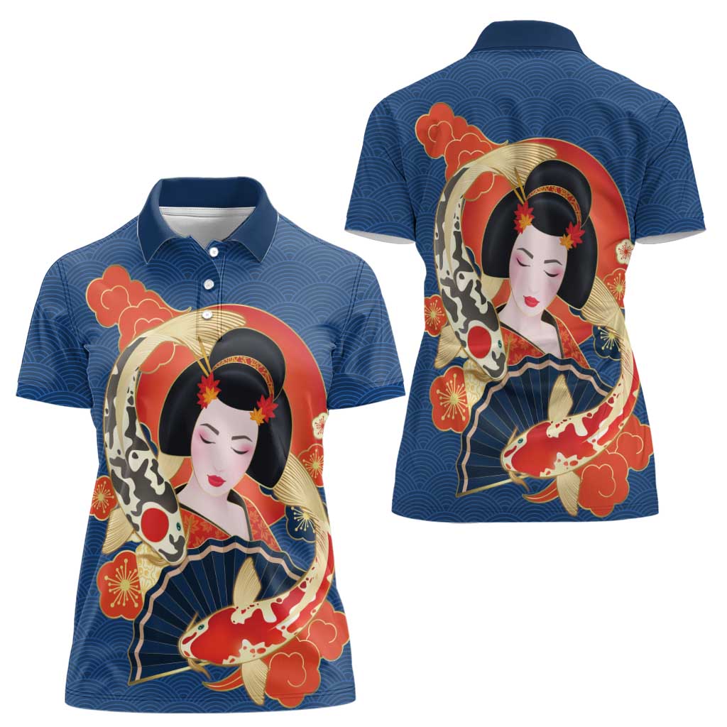 Japanese Geisha Koi Fish Women Polo Shirt Cherry Blossoms Blue Seigaiha Pattern - Wonder Print Shop