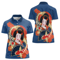 Japanese Geisha Koi Fish Women Polo Shirt Cherry Blossoms Blue Seigaiha Pattern - Wonder Print Shop