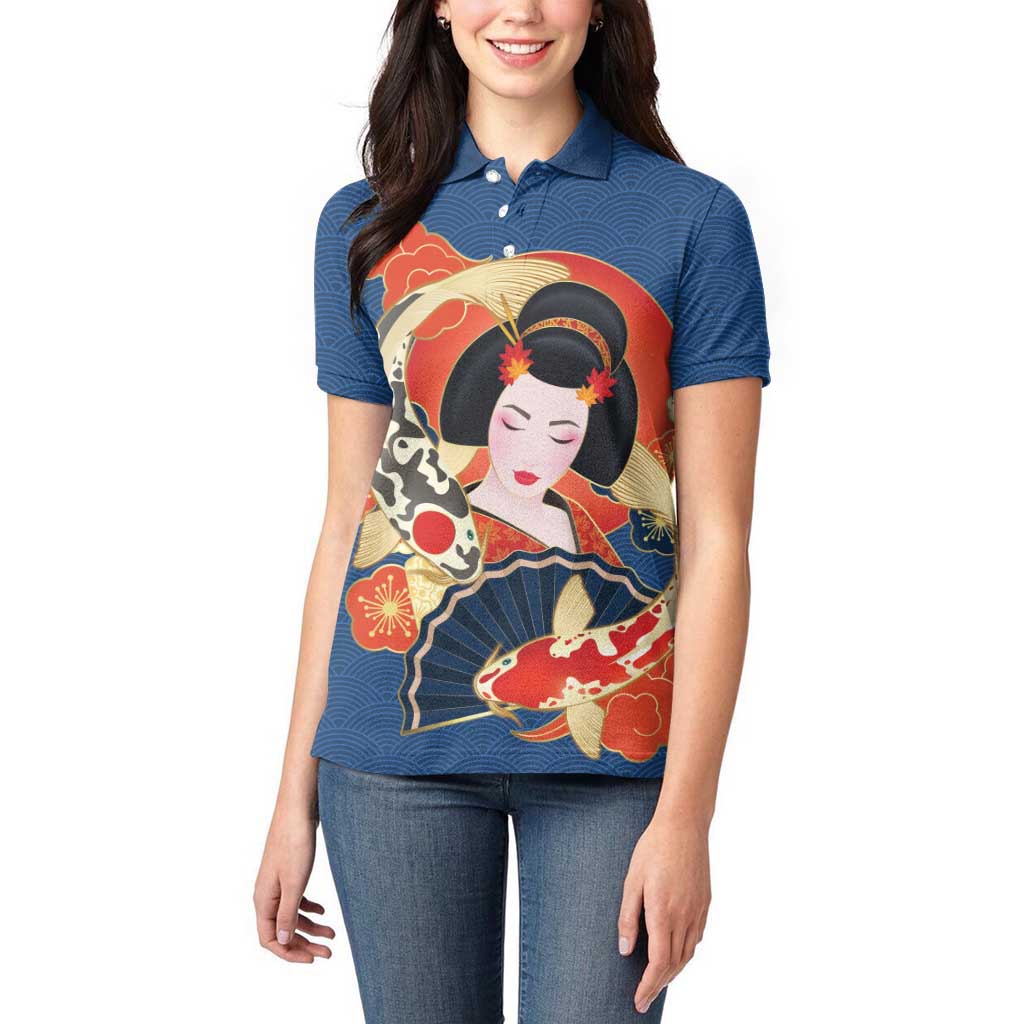 Japanese Geisha Koi Fish Women Polo Shirt Cherry Blossoms Blue Seigaiha Pattern - Wonder Print Shop