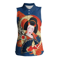 Japanese Geisha Koi Fish Women Sleeveless Polo Shirt Cherry Blossoms Blue Seigaiha Pattern - Wonder Print Shop