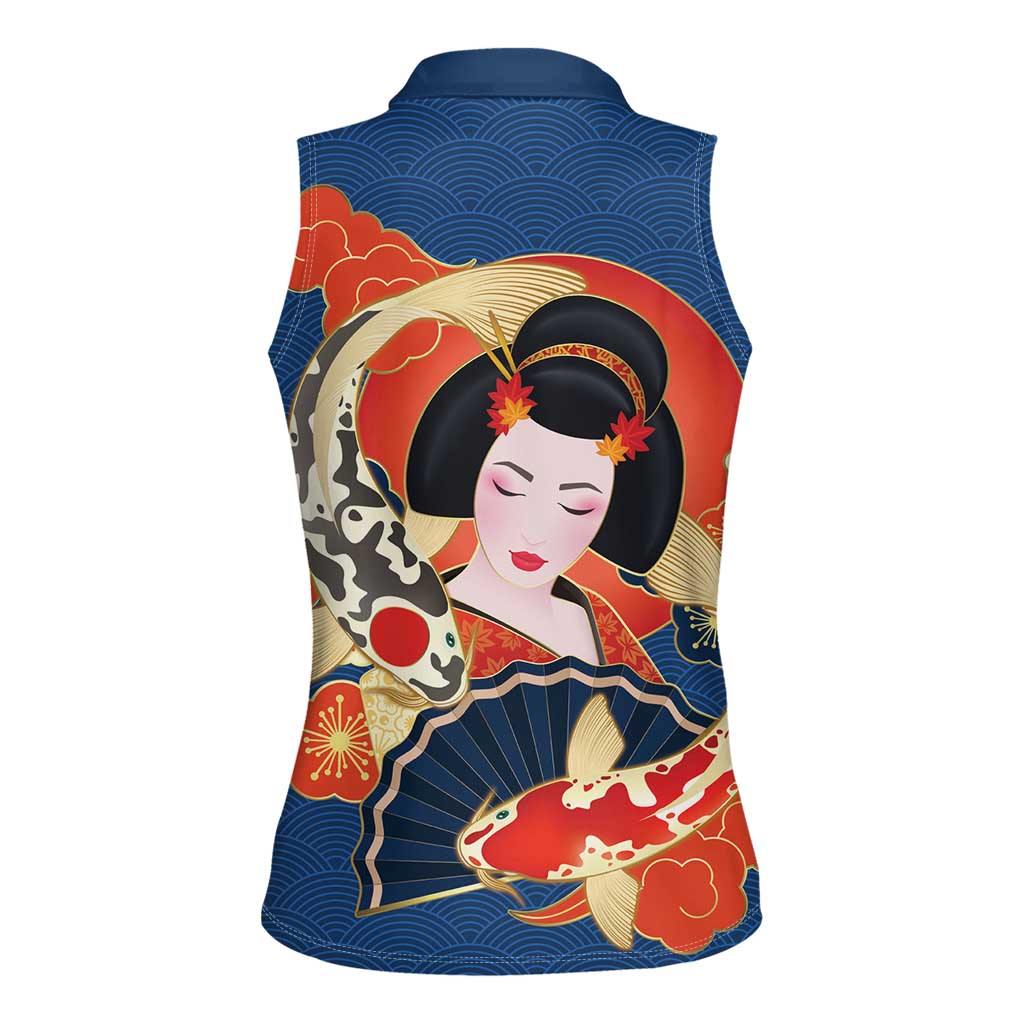 Japanese Geisha Koi Fish Women Sleeveless Polo Shirt Cherry Blossoms Blue Seigaiha Pattern - Wonder Print Shop