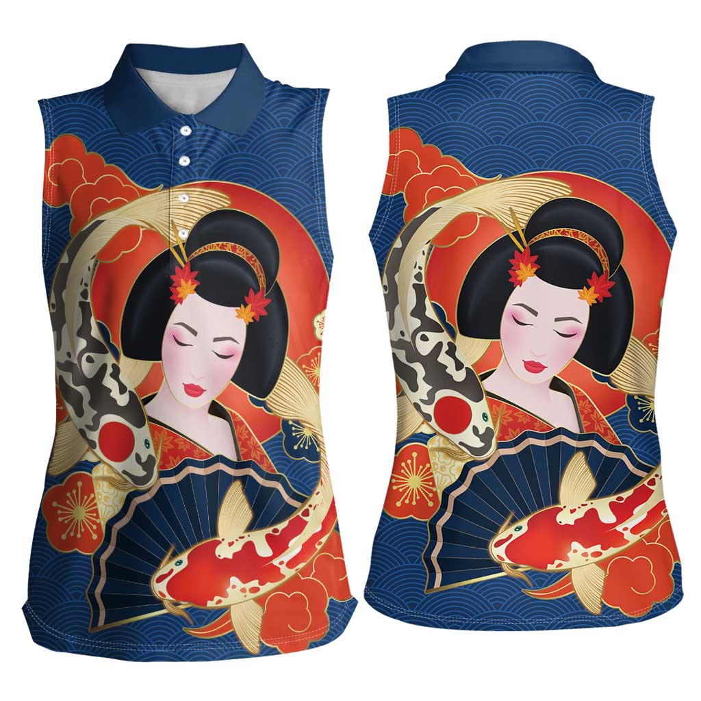 Japanese Geisha Koi Fish Women Sleeveless Polo Shirt Cherry Blossoms Blue Seigaiha Pattern - Wonder Print Shop