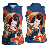 Japanese Geisha Koi Fish Women Sleeveless Polo Shirt Cherry Blossoms Blue Seigaiha Pattern - Wonder Print Shop