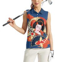 Japanese Geisha Koi Fish Women Sleeveless Polo Shirt Cherry Blossoms Blue Seigaiha Pattern - Wonder Print Shop