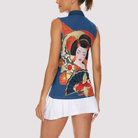 Japanese Geisha Koi Fish Women Sleeveless Polo Shirt Cherry Blossoms Blue Seigaiha Pattern - Wonder Print Shop