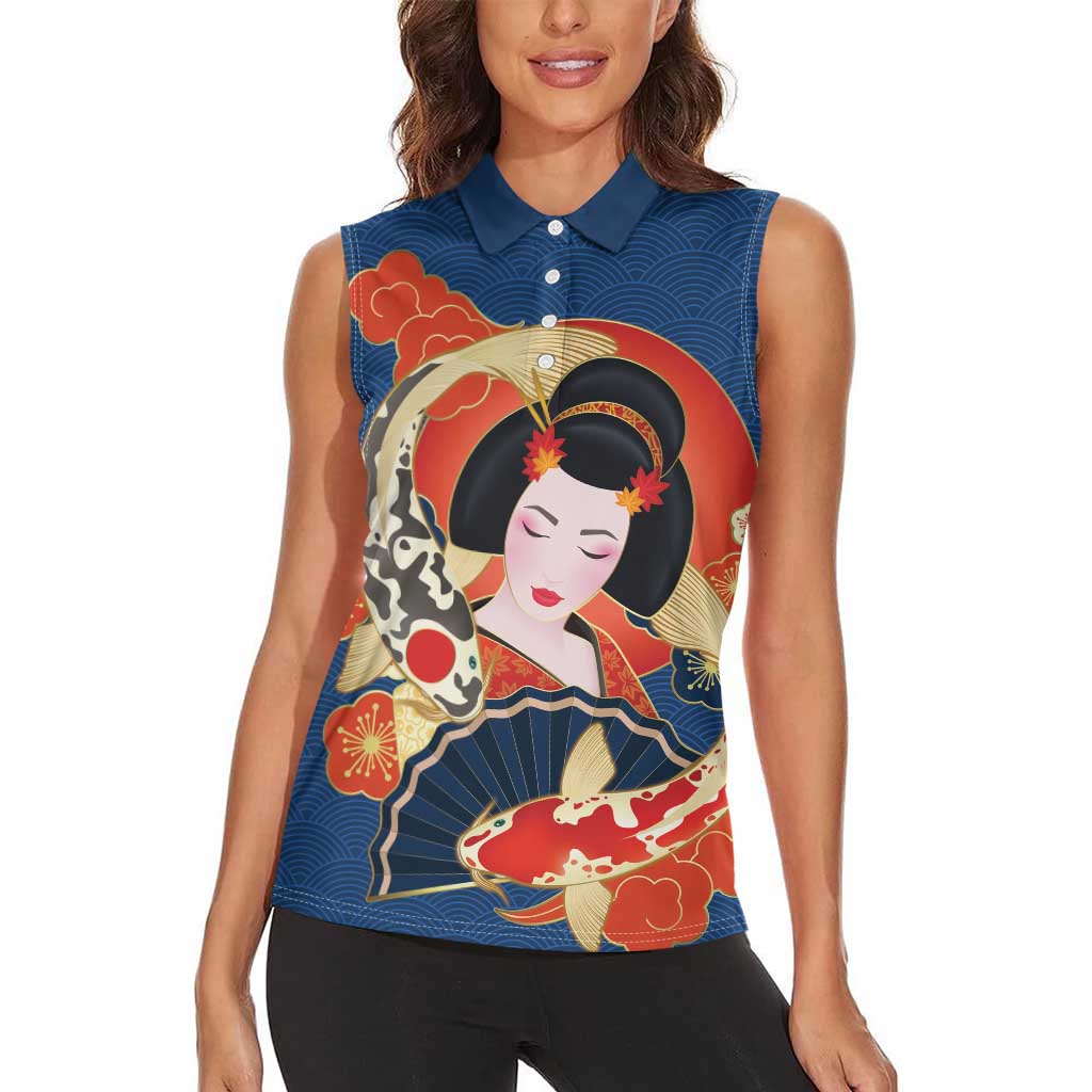 Japanese Geisha Koi Fish Women Sleeveless Polo Shirt Cherry Blossoms Blue Seigaiha Pattern - Wonder Print Shop