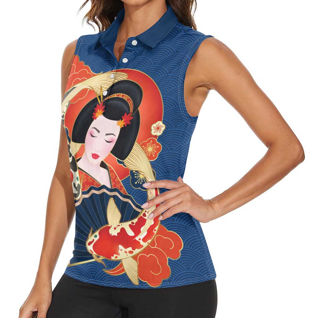 Japanese Geisha Koi Fish Women Sleeveless Polo Shirt Cherry Blossoms Blue Seigaiha Pattern - Wonder Print Shop