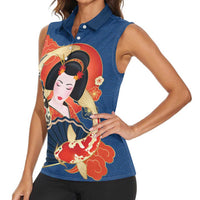 Japanese Geisha Koi Fish Women Sleeveless Polo Shirt Cherry Blossoms Blue Seigaiha Pattern - Wonder Print Shop