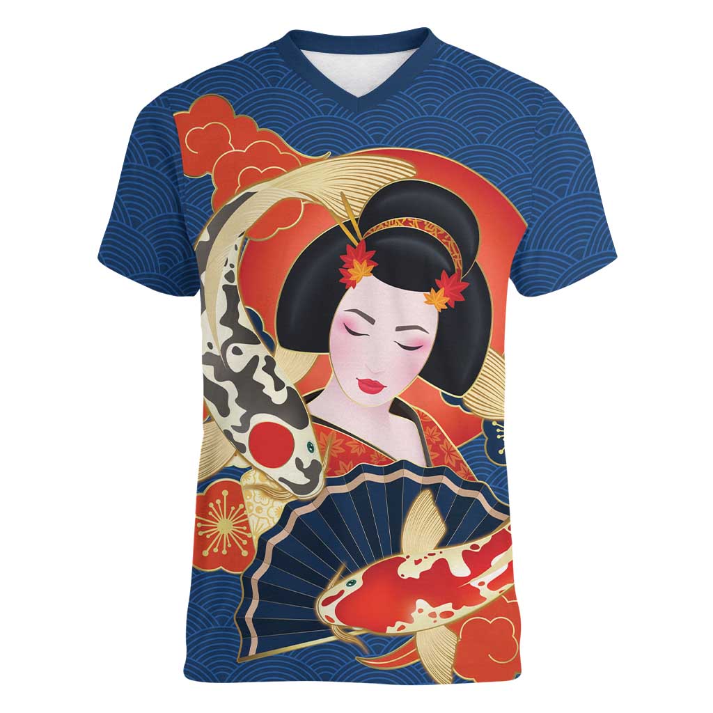 Japanese Geisha Koi Fish Women V-Neck T-Shirt Cherry Blossoms Blue Seigaiha Pattern - Wonder Print Shop