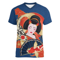 Japanese Geisha Koi Fish Women V-Neck T-Shirt Cherry Blossoms Blue Seigaiha Pattern - Wonder Print Shop