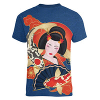 Japanese Geisha Koi Fish Women V-Neck T-Shirt Cherry Blossoms Blue Seigaiha Pattern - Wonder Print Shop