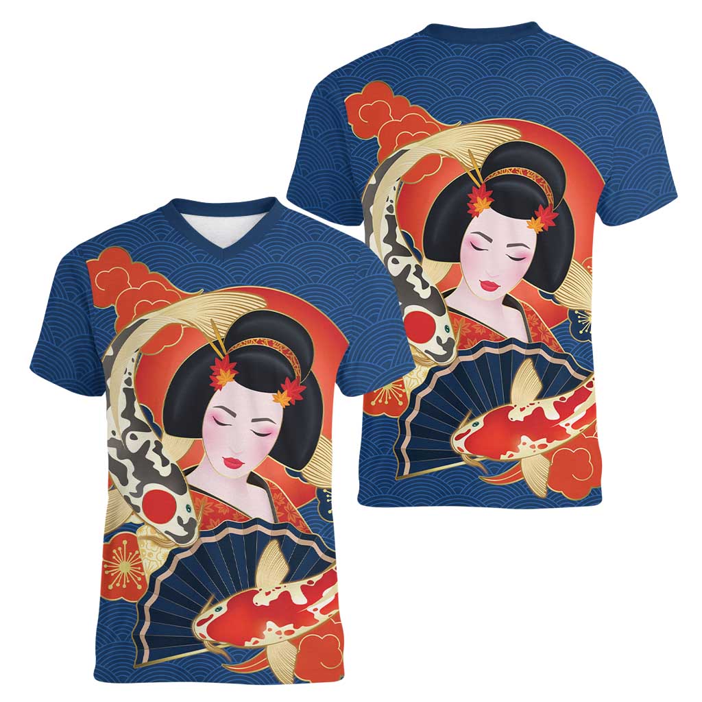 Japanese Geisha Koi Fish Women V-Neck T-Shirt Cherry Blossoms Blue Seigaiha Pattern - Wonder Print Shop