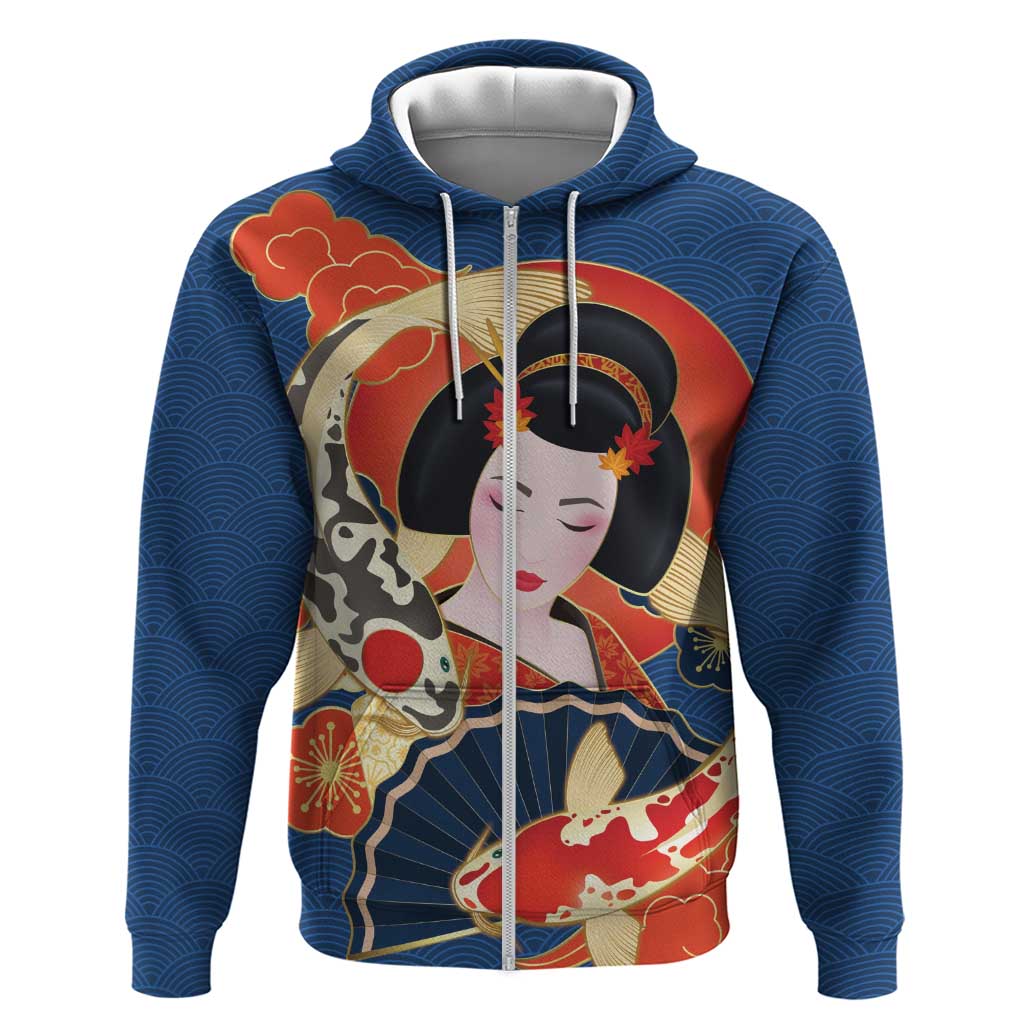 Japanese Geisha Koi Fish Zip Hoodie Cherry Blossoms Blue Seigaiha Pattern - Wonder Print Shop