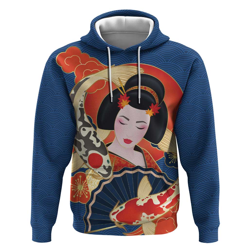 Japanese Geisha Koi Fish Zip Hoodie Cherry Blossoms Blue Seigaiha Pattern - Wonder Print Shop
