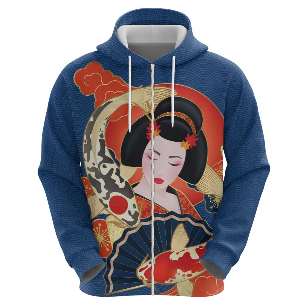 Japanese Geisha Koi Fish Zip Hoodie Cherry Blossoms Blue Seigaiha Pattern - Wonder Print Shop