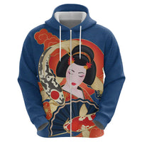 Japanese Geisha Koi Fish Zip Hoodie Cherry Blossoms Blue Seigaiha Pattern - Wonder Print Shop