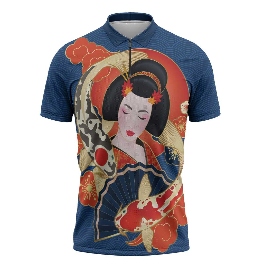 Japanese Geisha Koi Fish Zipper Polo Shirt Cherry Blossoms Blue Seigaiha Pattern - Wonder Print Shop