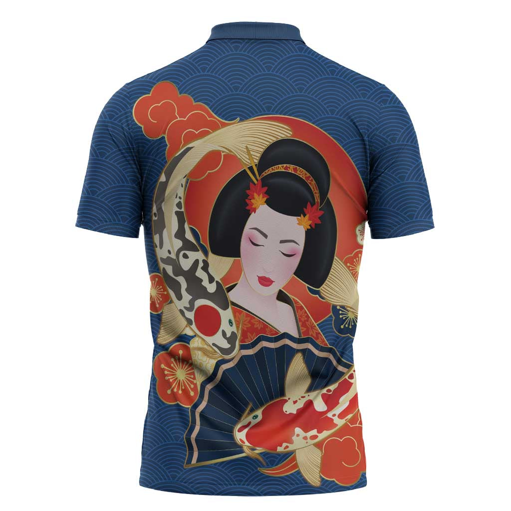 Japanese Geisha Koi Fish Zipper Polo Shirt Cherry Blossoms Blue Seigaiha Pattern - Wonder Print Shop
