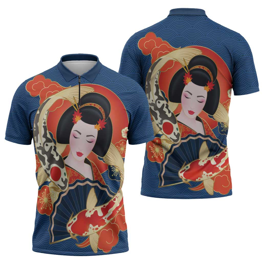 Japanese Geisha Koi Fish Zipper Polo Shirt Cherry Blossoms Blue Seigaiha Pattern - Wonder Print Shop