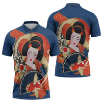 Japanese Geisha Koi Fish Zipper Polo Shirt Cherry Blossoms Blue Seigaiha Pattern - Wonder Print Shop