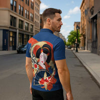 Japanese Geisha Koi Fish Zipper Polo Shirt Cherry Blossoms Blue Seigaiha Pattern - Wonder Print Shop