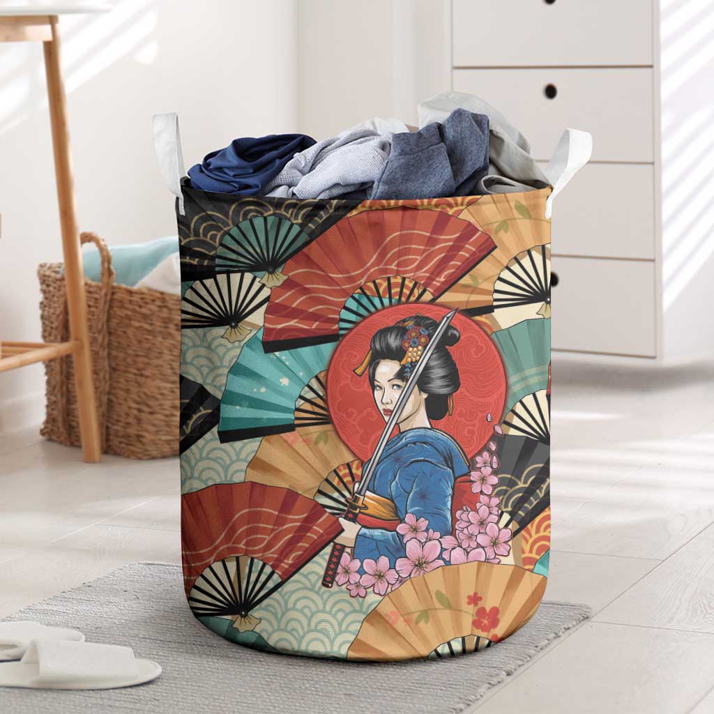 Japanese Geisha Katana Laundry Basket Japan Sensu Seigaiha Pattern - Wonder Print Shop