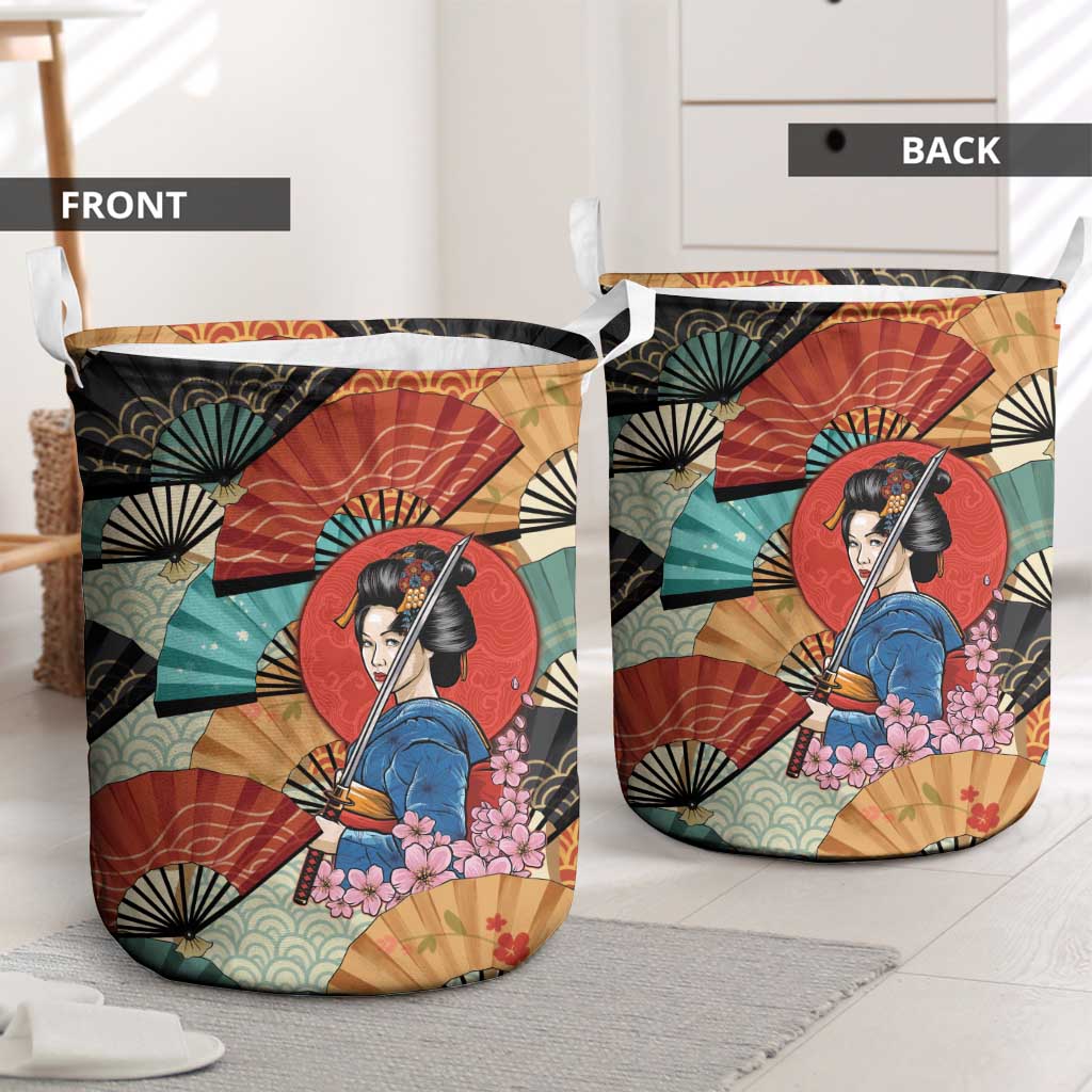 Japanese Geisha Katana Laundry Basket Japan Sensu Seigaiha Pattern - Wonder Print Shop