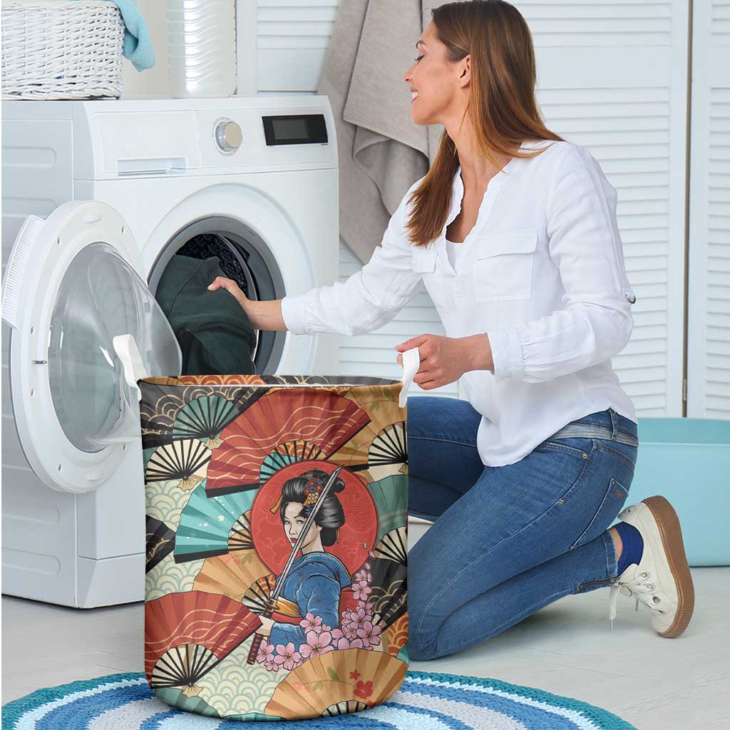 Japanese Geisha Katana Laundry Basket Japan Sensu Seigaiha Pattern - Wonder Print Shop