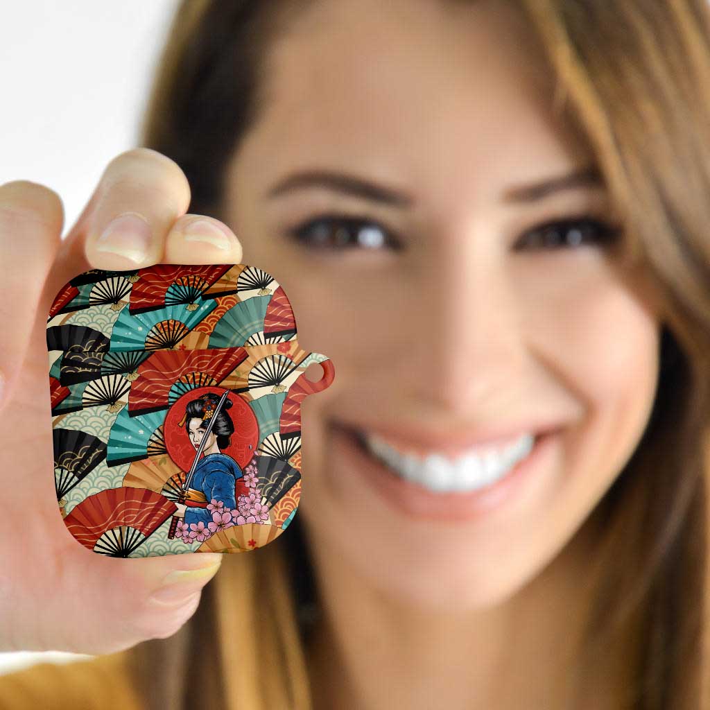 Japanese Geisha Katana AirPods Case Japan Sensu Seigaiha Pattern - Wonder Print Shop