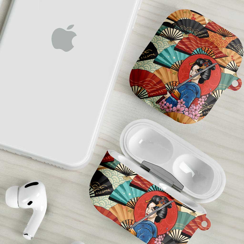 Japanese Geisha Katana AirPods Case Japan Sensu Seigaiha Pattern - Wonder Print Shop