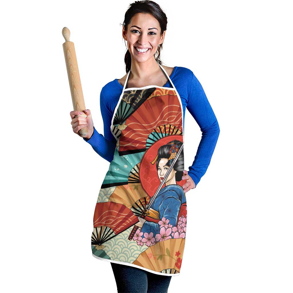 Japanese Geisha Katana Apron Japan Sensu Seigaiha Pattern - Wonder Print Shop