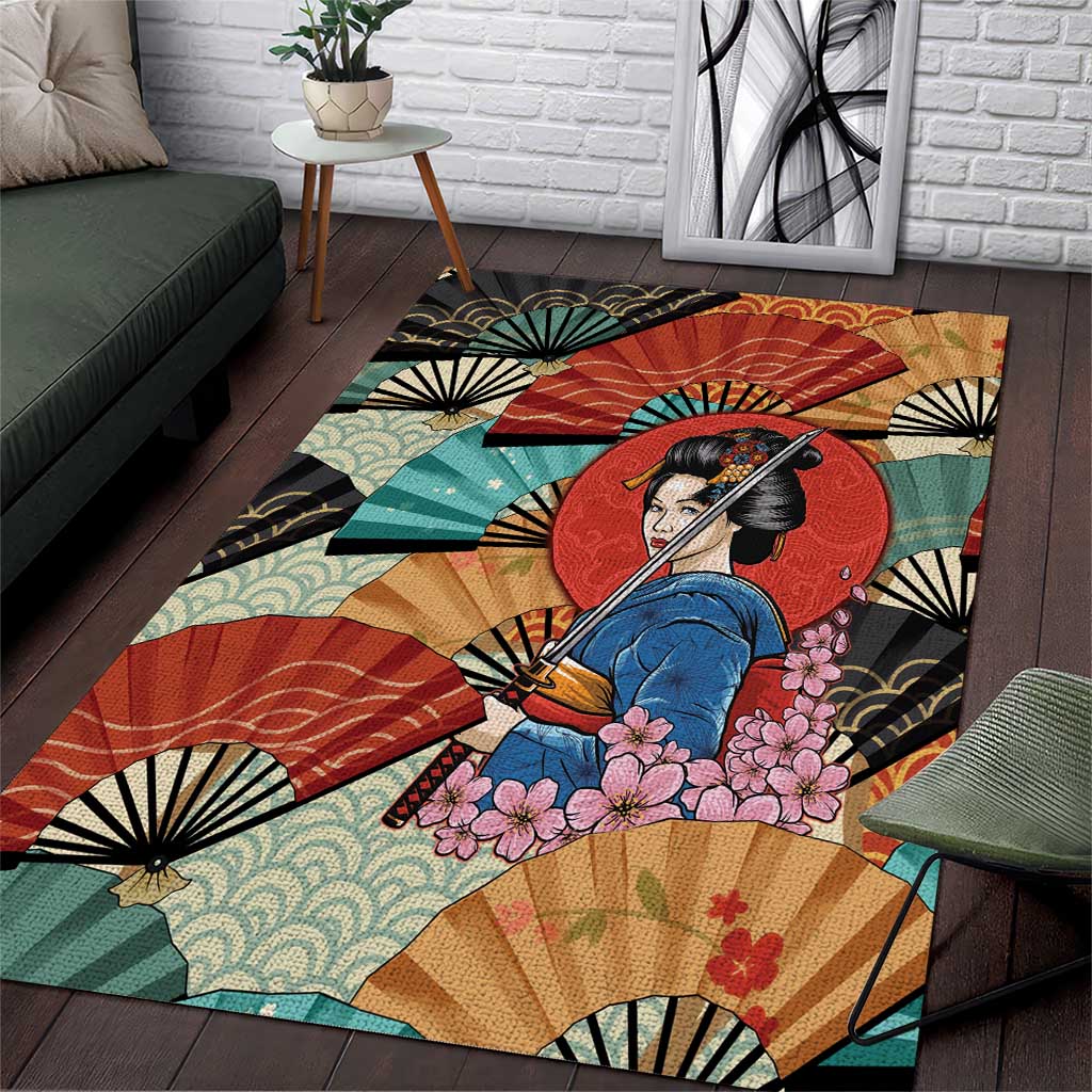 Japanese Geisha Katana Area Rug Japan Sensu Seigaiha Pattern - Wonder Print Shop