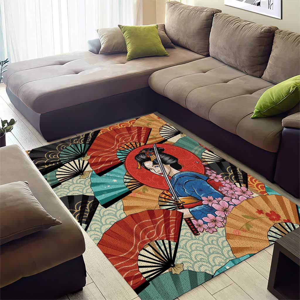 Japanese Geisha Katana Area Rug Japan Sensu Seigaiha Pattern - Wonder Print Shop