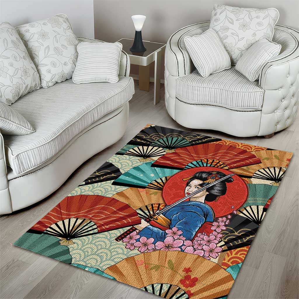 Japanese Geisha Katana Area Rug Japan Sensu Seigaiha Pattern - Wonder Print Shop
