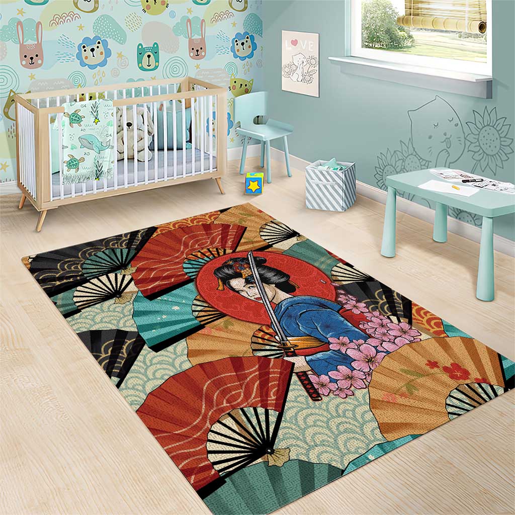 Japanese Geisha Katana Area Rug Japan Sensu Seigaiha Pattern - Wonder Print Shop