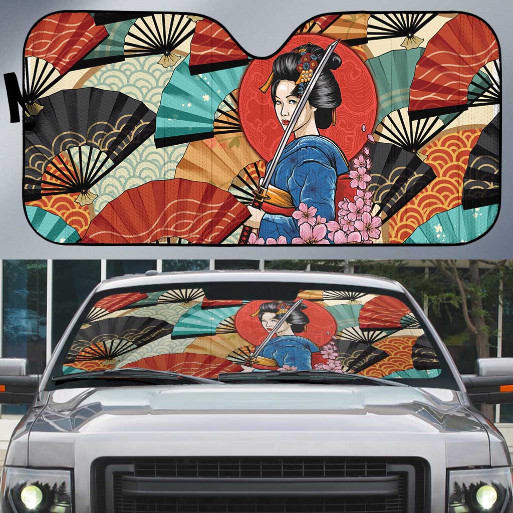 Japanese Geisha Katana Auto Sun Shade Japan Sensu Seigaiha Pattern - Wonder Print Shop