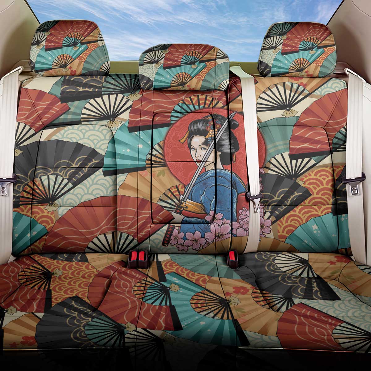 Japanese Geisha Katana Back Car Seat Cover Japan Sensu Seigaiha Pattern - Wonder Print Shop