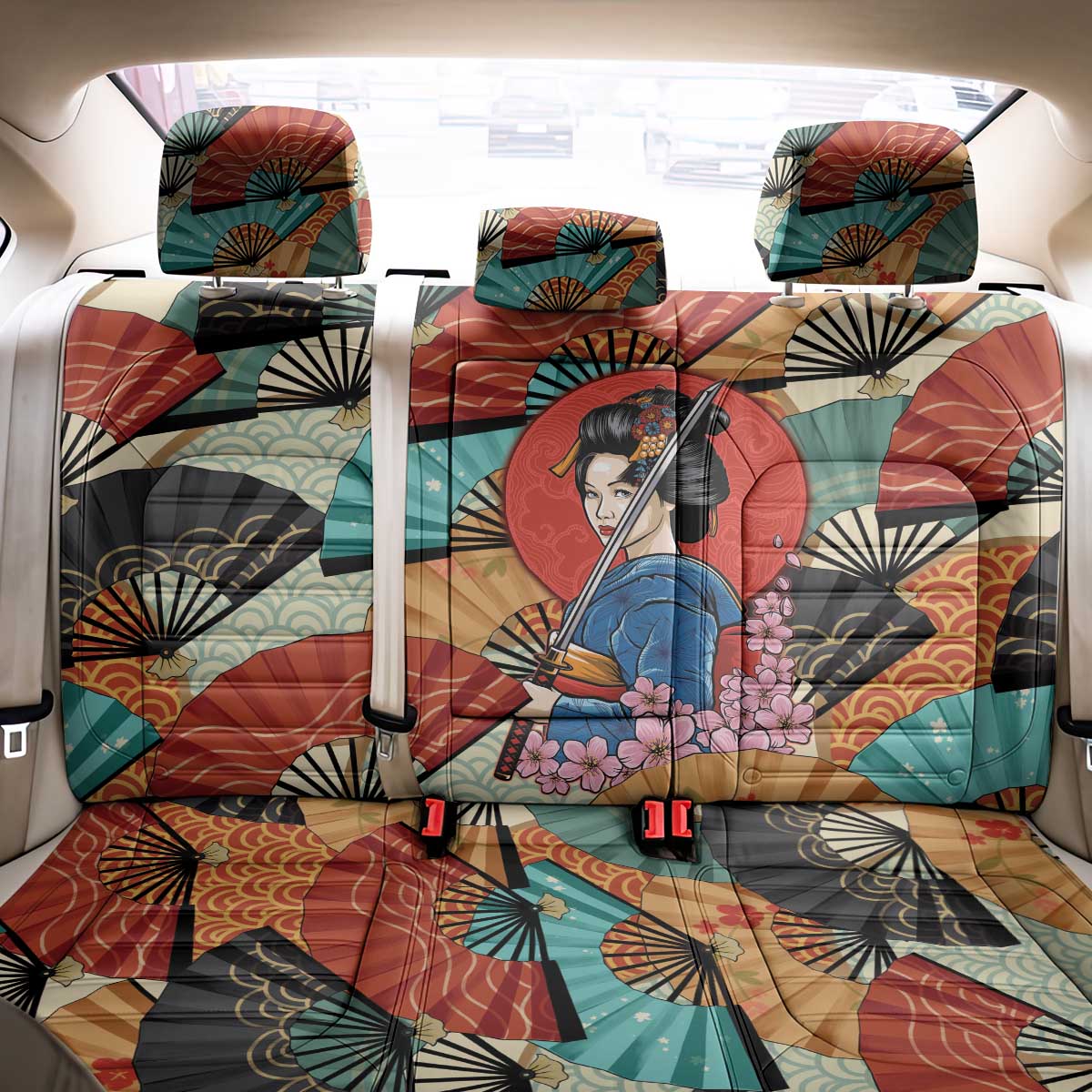 Japanese Geisha Katana Back Car Seat Cover Japan Sensu Seigaiha Pattern - Wonder Print Shop