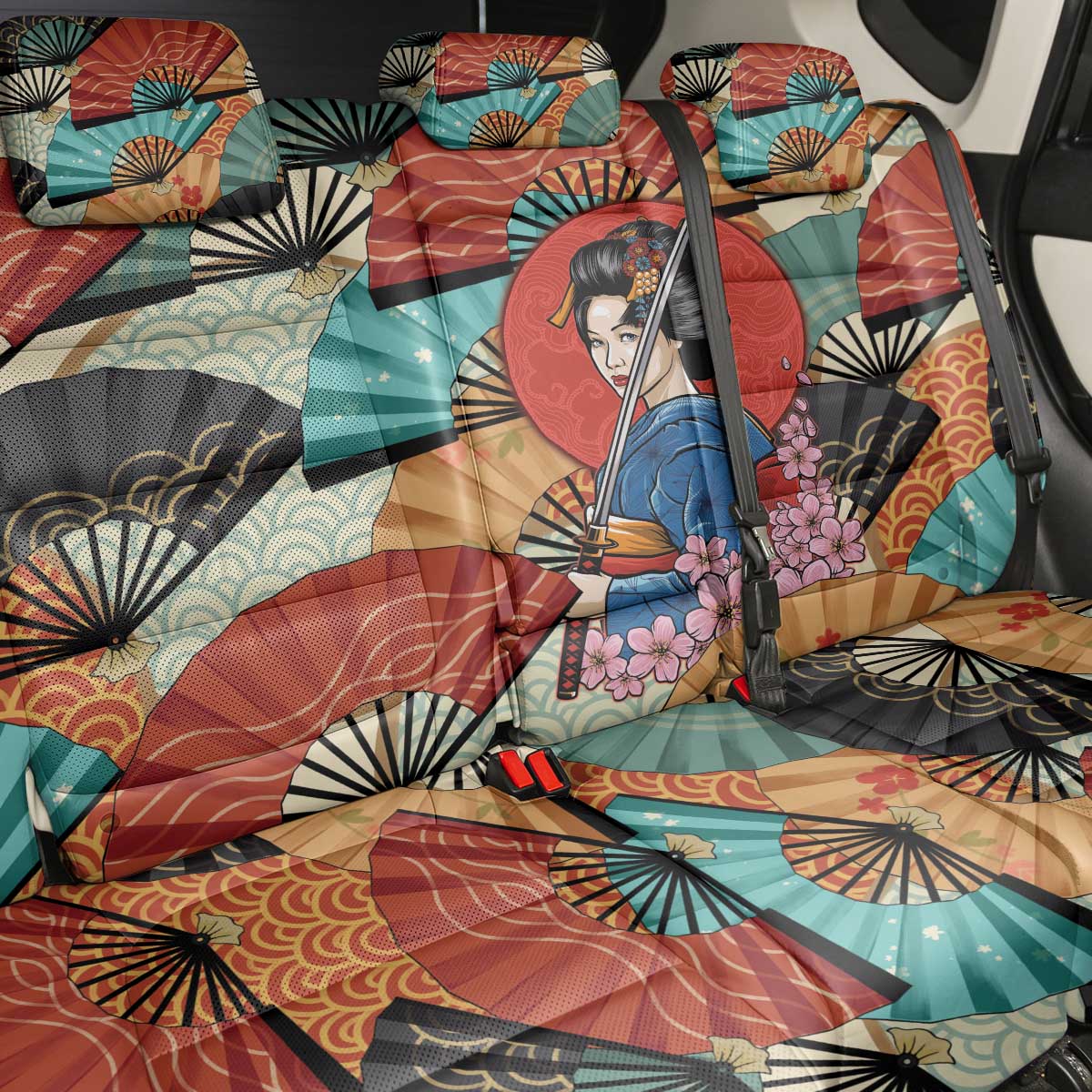 Japanese Geisha Katana Back Car Seat Cover Japan Sensu Seigaiha Pattern - Wonder Print Shop