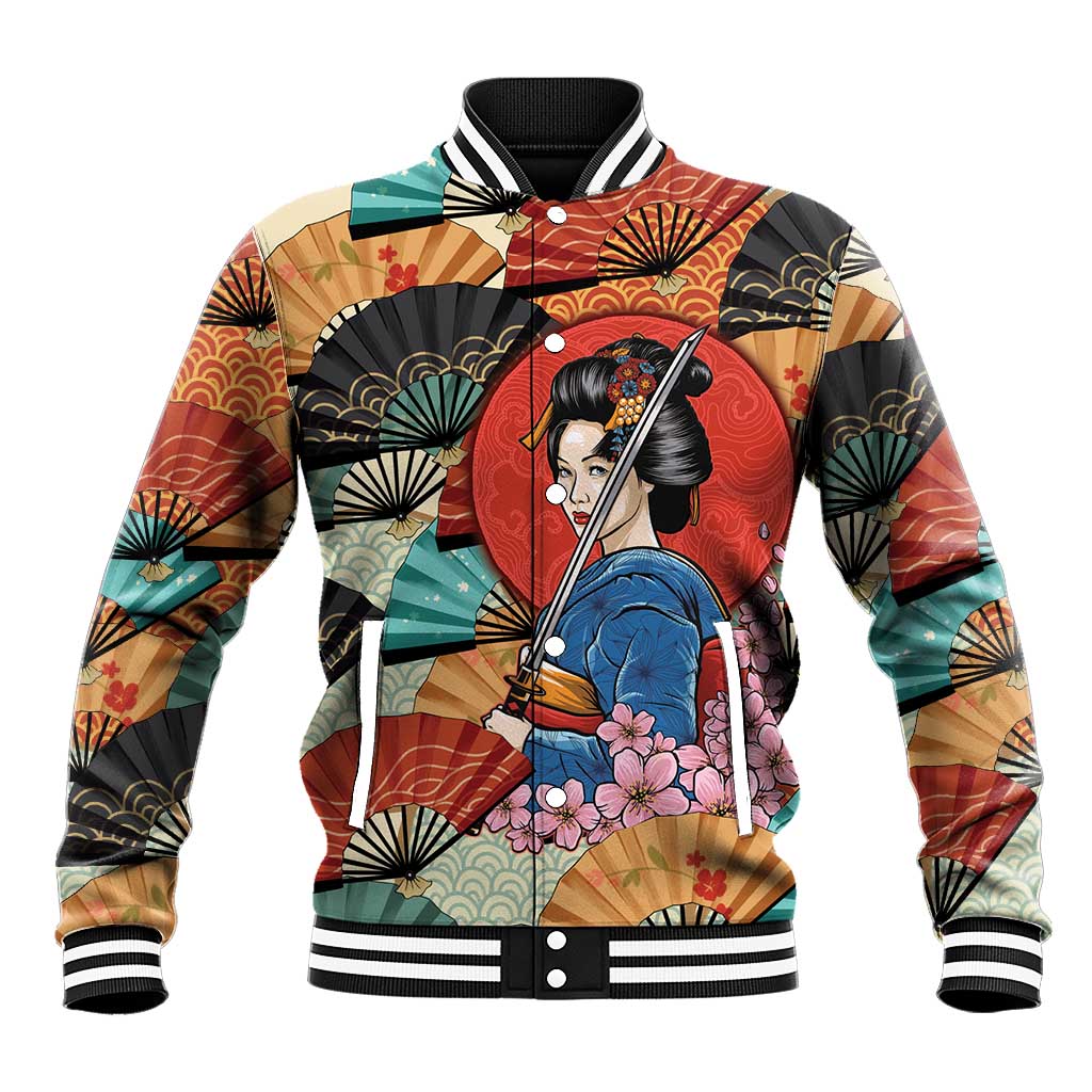Japanese Geisha Katana Baseball Jacket Japan Sensu Seigaiha Pattern - Wonder Print Shop