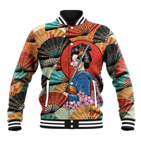 Japanese Geisha Katana Baseball Jacket Japan Sensu Seigaiha Pattern - Wonder Print Shop