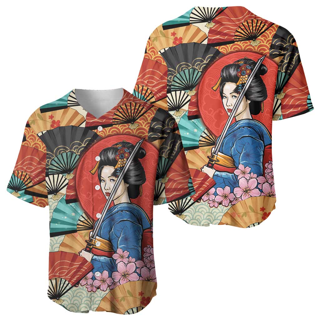 Japanese Geisha Katana Baseball Jersey Japan Sensu Seigaiha Pattern - Wonder Print Shop