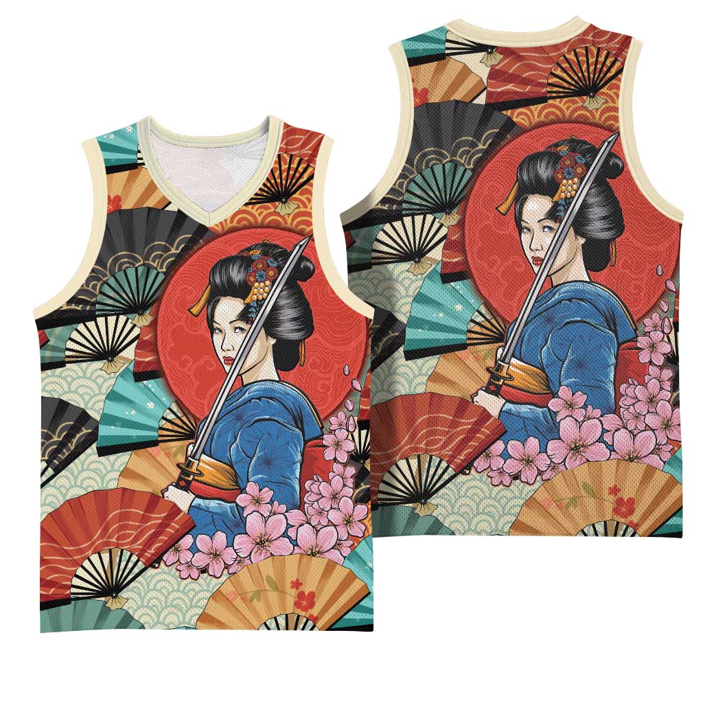 Japanese Geisha Katana Basketball Jersey Japan Sensu Seigaiha Pattern - Wonder Print Shop