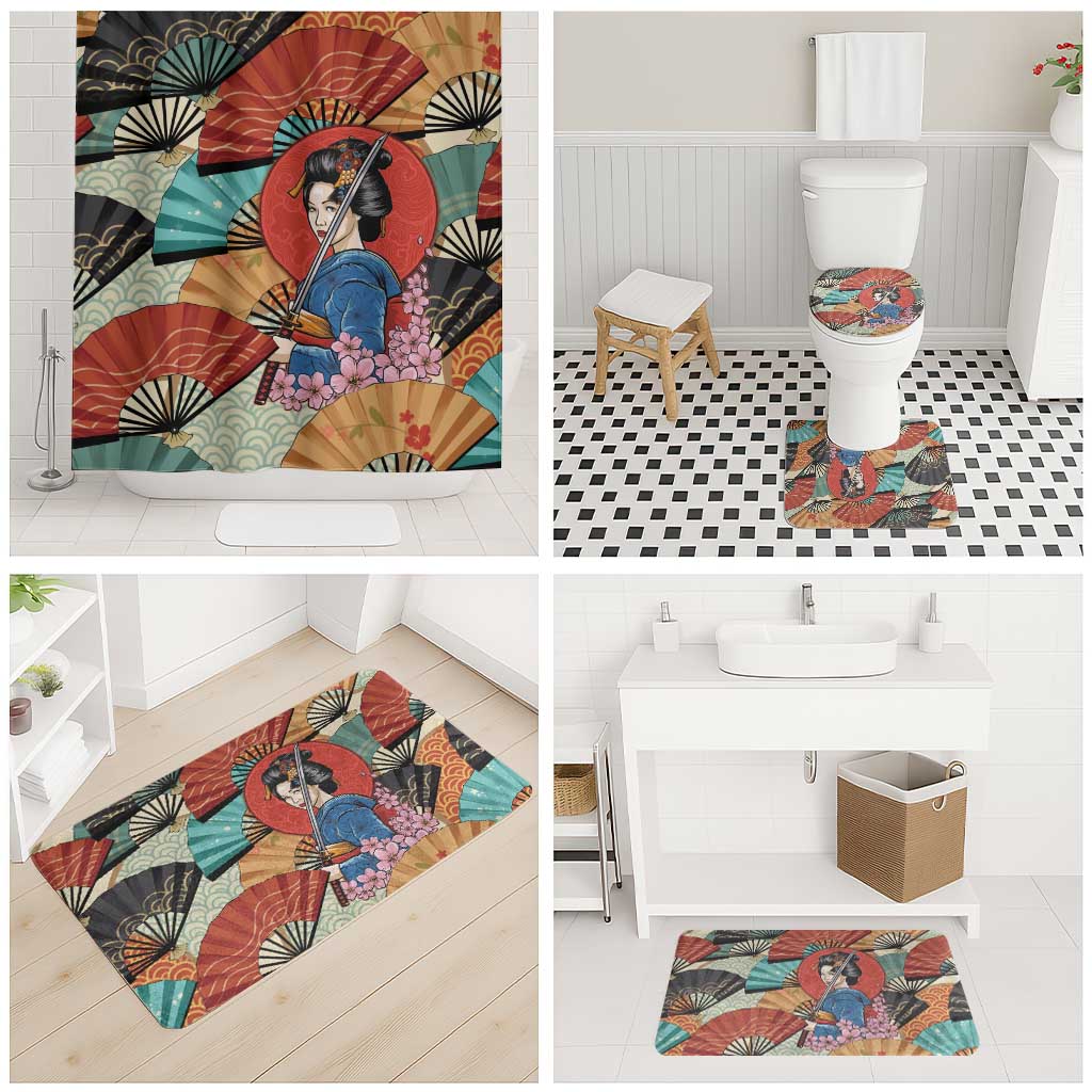 Japanese Geisha Katana Bathroom Set Japan Sensu Seigaiha Pattern - Wonder Print Shop