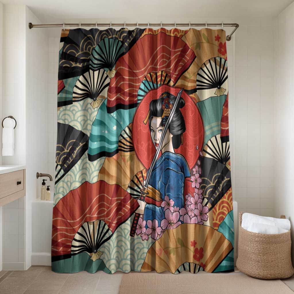 Japanese Geisha Katana Bathroom Set Japan Sensu Seigaiha Pattern - Wonder Print Shop