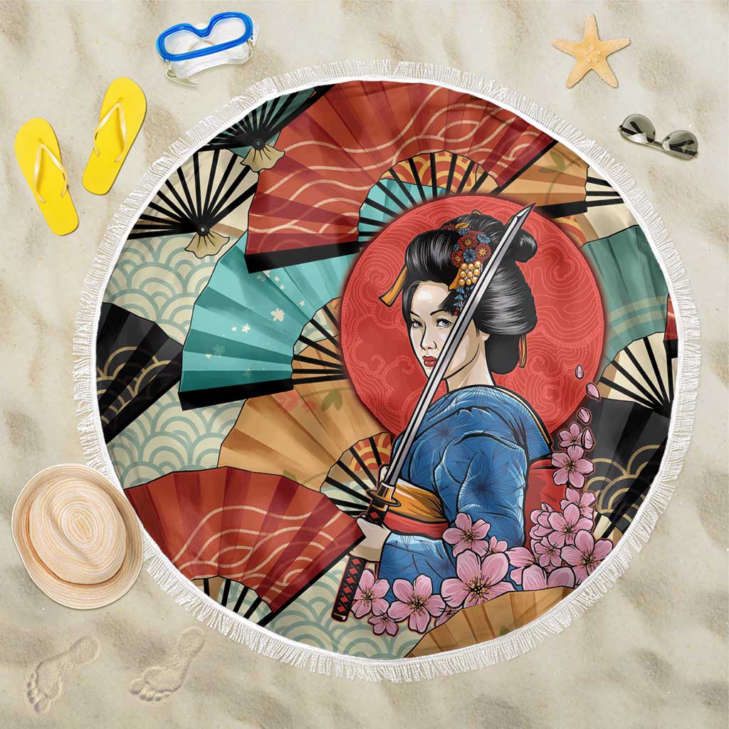 Japanese Geisha Katana Beach Blanket Japan Sensu Seigaiha Pattern - Wonder Print Shop